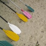A variety of colorful paddles laid out on a sandy beach, showcasing a vibrant outdoor setting.