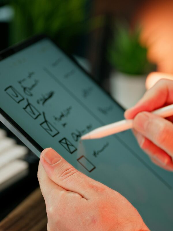 Close-up of hands using a stylus to write on a digital checklist, enhancing productivity.